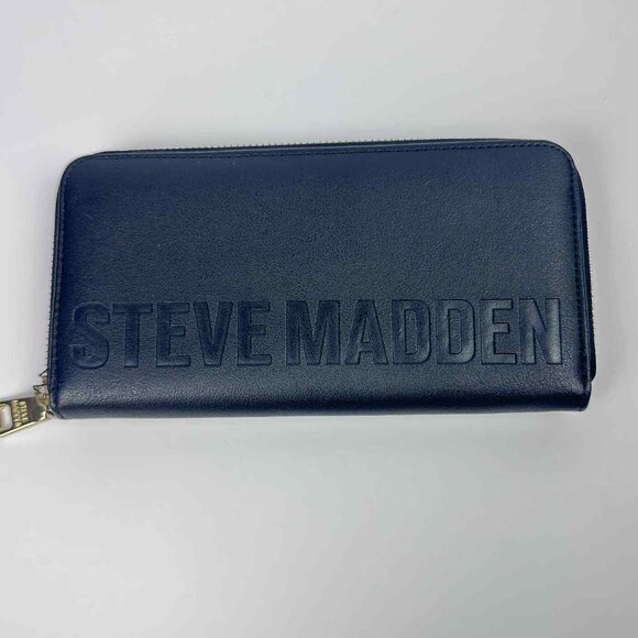 Steve Madden Navy Blue Embossed Logo Zip-Around Wallet with Gold Interior - Picture 1 of 9